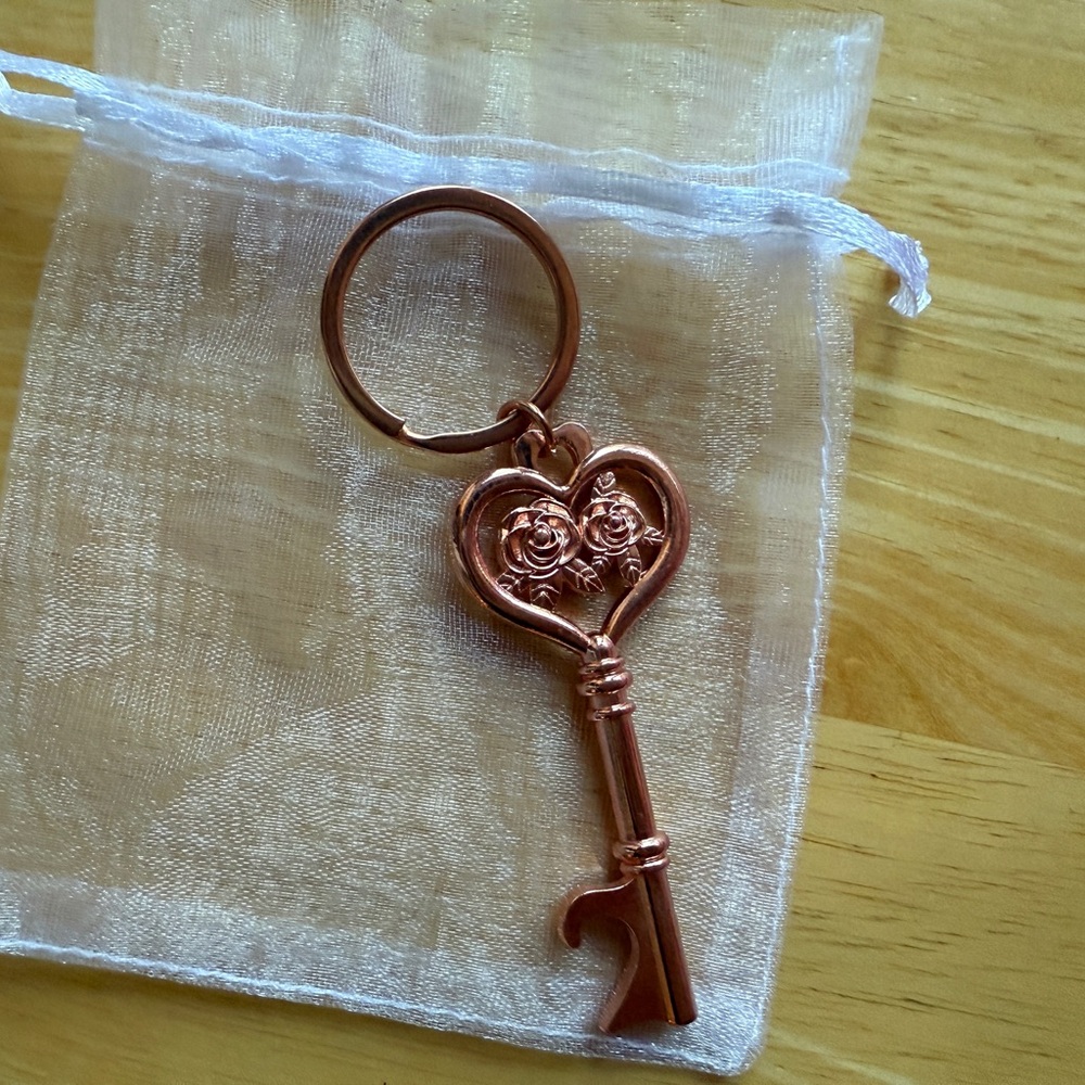 Rose Gold Pink Heart Floral Flowers Key Keychain 2.5” With Pouch Love Celebrate